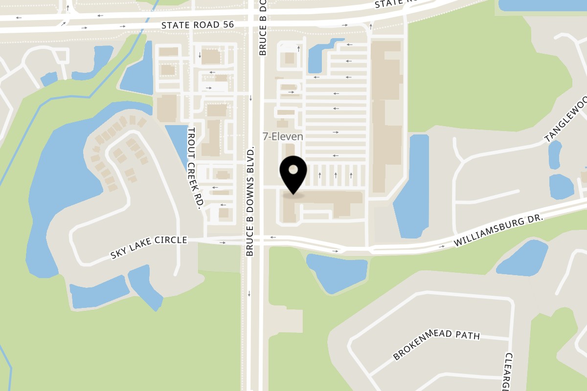 Map showing the location of Inchin's Bamboo Garden Tampa on 1660 Bruce B Downs Blvd in Wesley Chapel