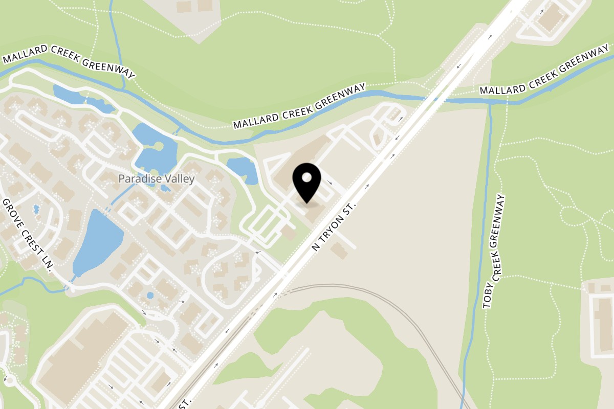 Map showing the location of Inchin's Bamboo Garden Charlotte on 9601 N Tryon St in Charlotte