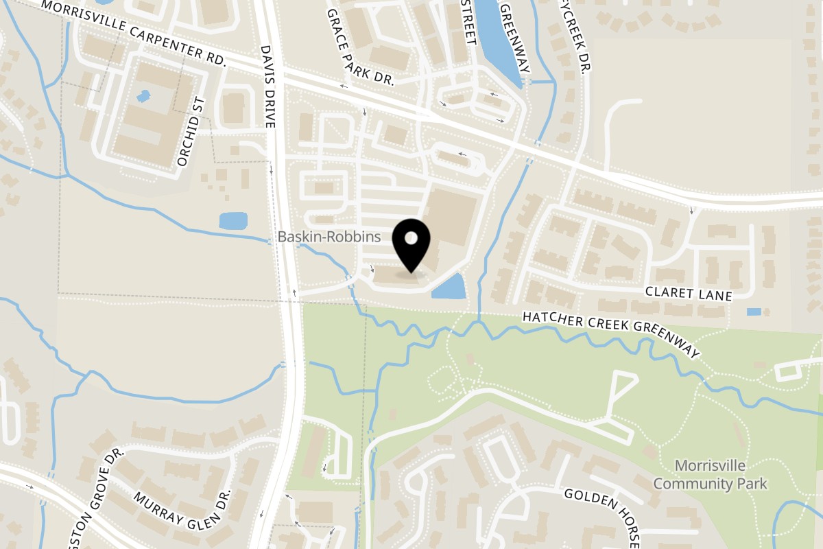 Map showing the location of Inchin's Bamboo Garden Raleigh on 3532 Davis Dr in Morrisville