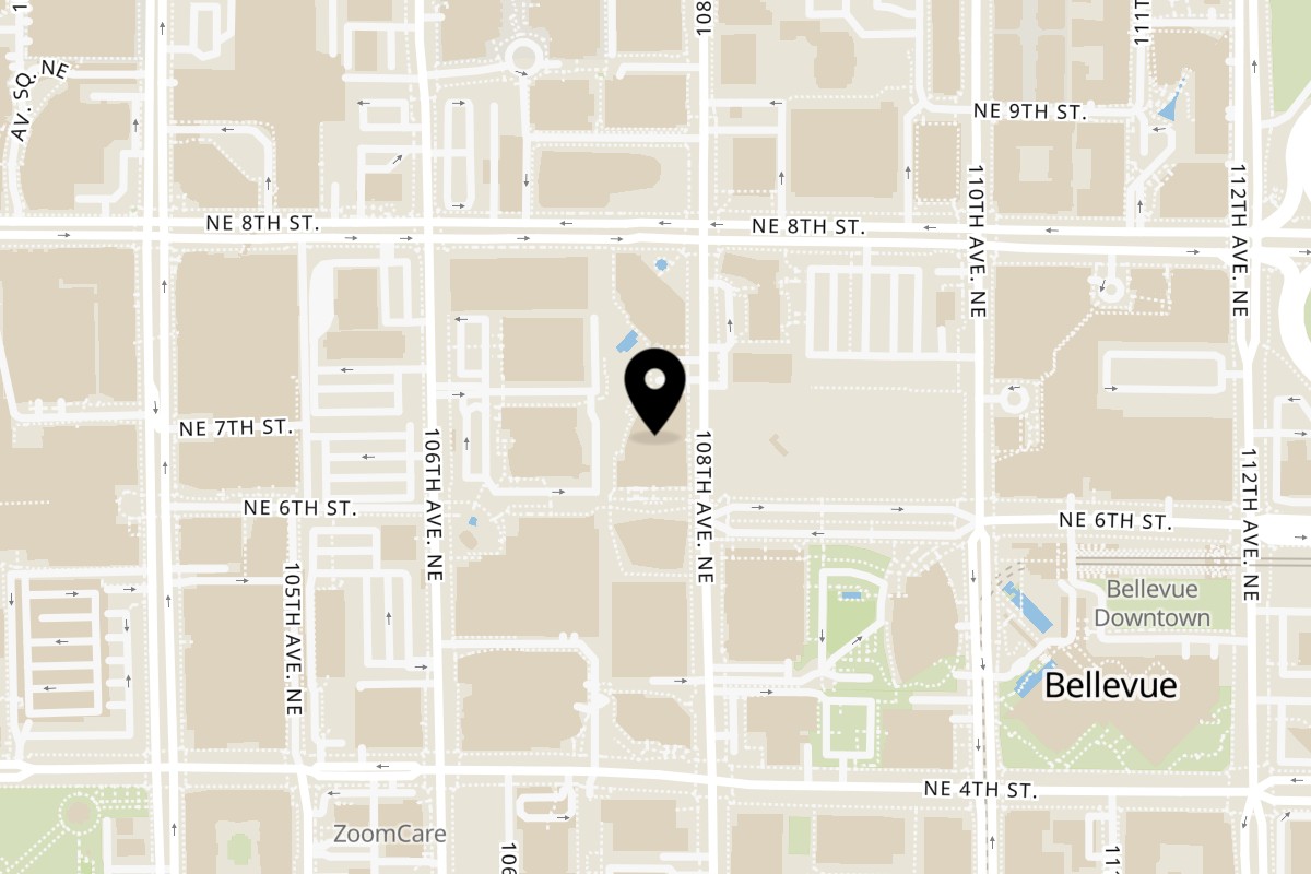 Map showing the location of Inchin's Bamboo Garden Bellevue on 601 108th Ave NE Keycenter Building #120 in Bellevue